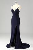 Glitter Navy Spaghetti Straps Mermaid Long Corset Prom Dress with Slit