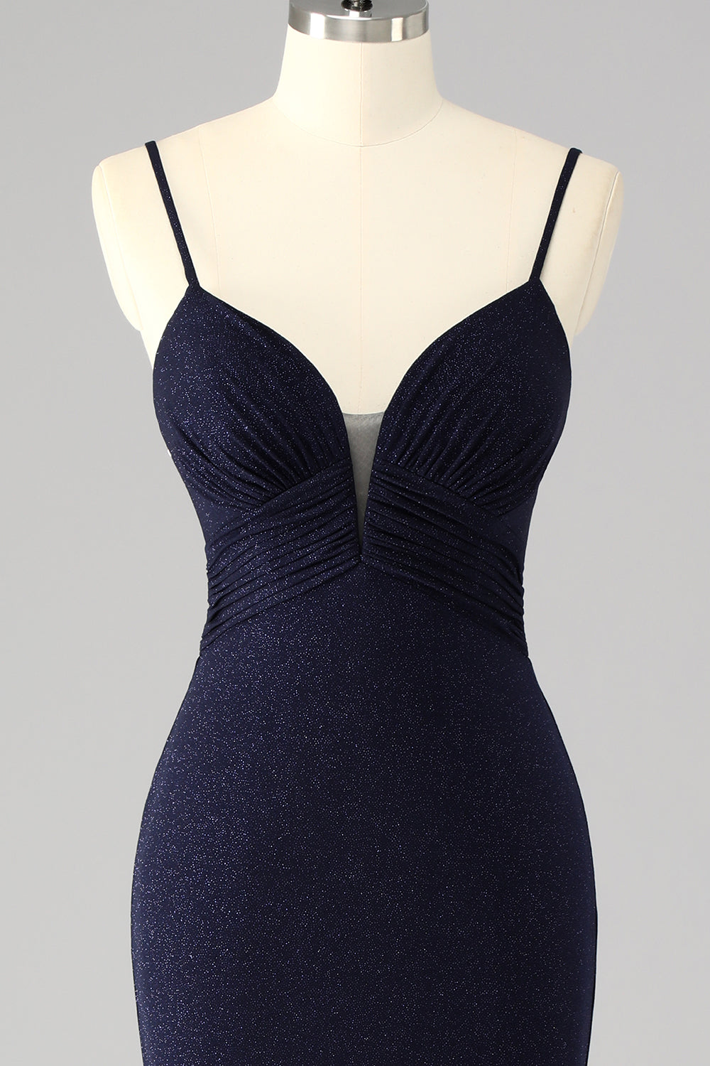 Glitter Navy Spaghetti Straps Mermaid Long Corset Prom Dress with Slit