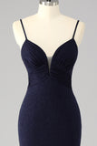 Glitter Navy Spaghetti Straps Mermaid Long Corset Prom Dress with Slit