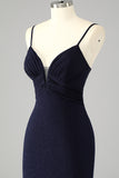 Glitter Navy Spaghetti Straps Mermaid Long Corset Prom Dress with Slit