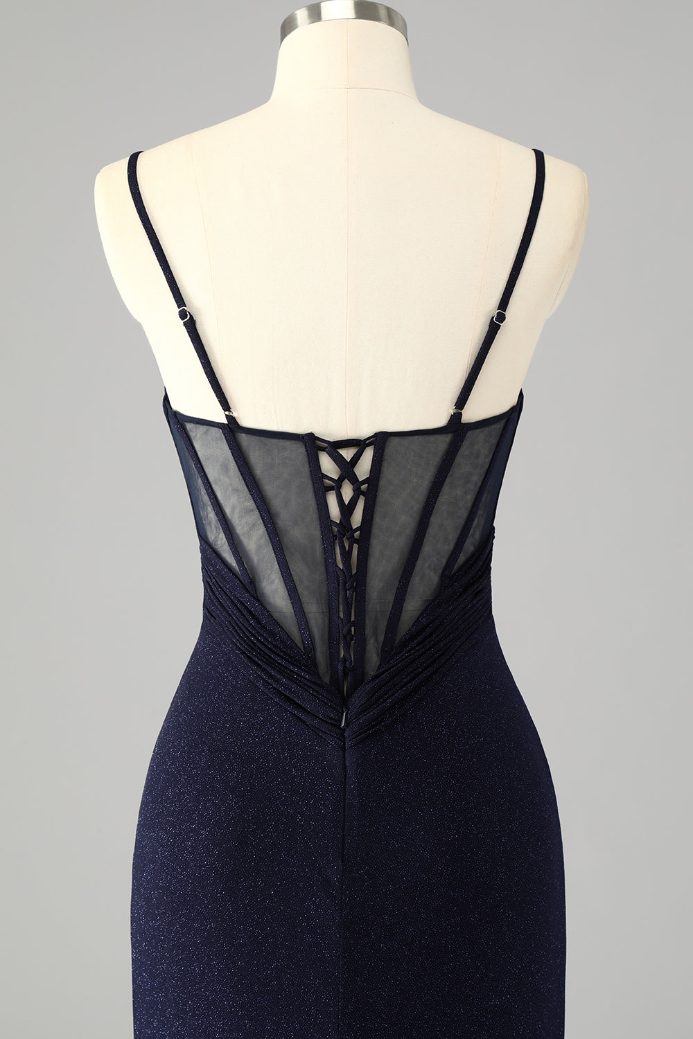 Glitter Navy Spaghetti Straps Mermaid Long Corset Prom Dress with Slit