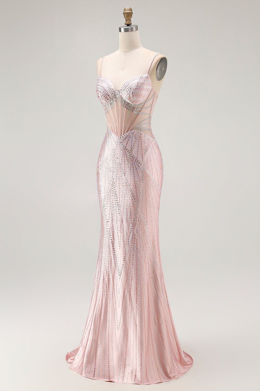 Zapakasa Women Sparkly Blush Corset Long Prom Dress with Beading Mermaid Spaghetti Straps Lace Up Back Gala Dress