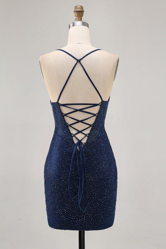 Sparkly Dark Blue Tight Short Homecoming Dress with Beading