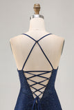 Sparkly Dark Blue Tight Short Homecoming Dress with Beading