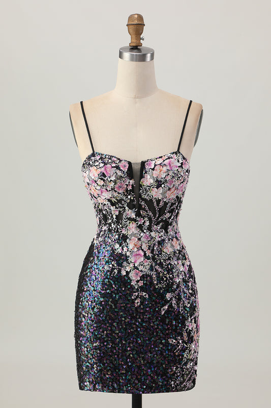 Sparkly Black Pink Sequin Short Homecoming Dress with Appliques