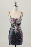 Sparkly Black Pink Sequin Short Homecoming Dress with Appliques
