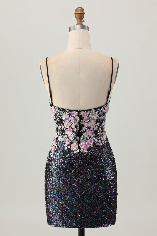 Sparkly Black Pink Sequin Short Homecoming Dress with Appliques