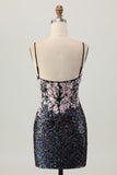 Sparkly Black Pink Sequin Short Homecoming Dress with Appliques