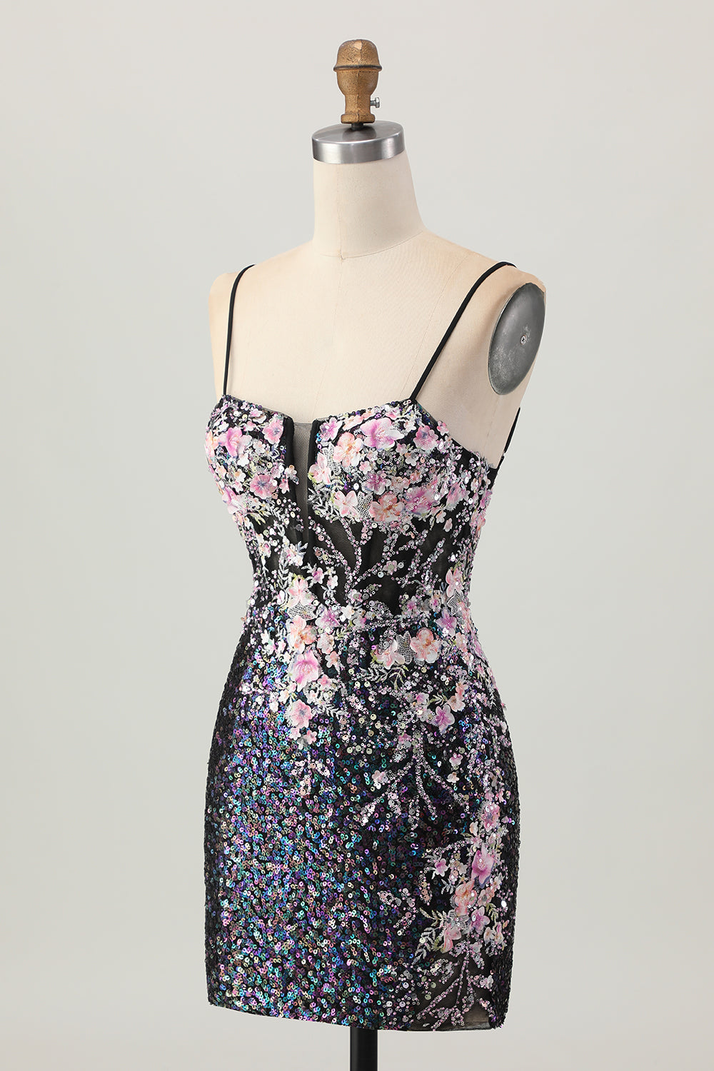 Sparkly Black Pink Sequin Short Homecoming Dress with Appliques