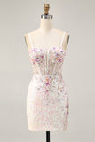 Sparkly White Floral Sequins Tight Short Corset Homecoming Dress