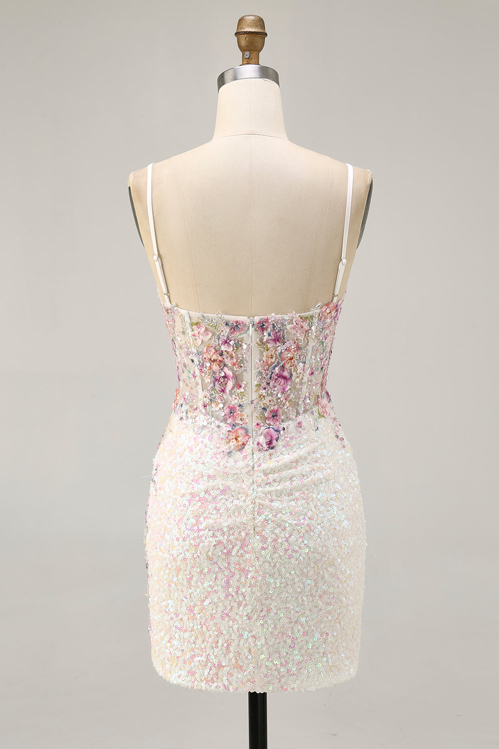 white pink sequin dress Ivory Sequin Homecoming Dress with Pink Floral Print Ivory/Black / 12