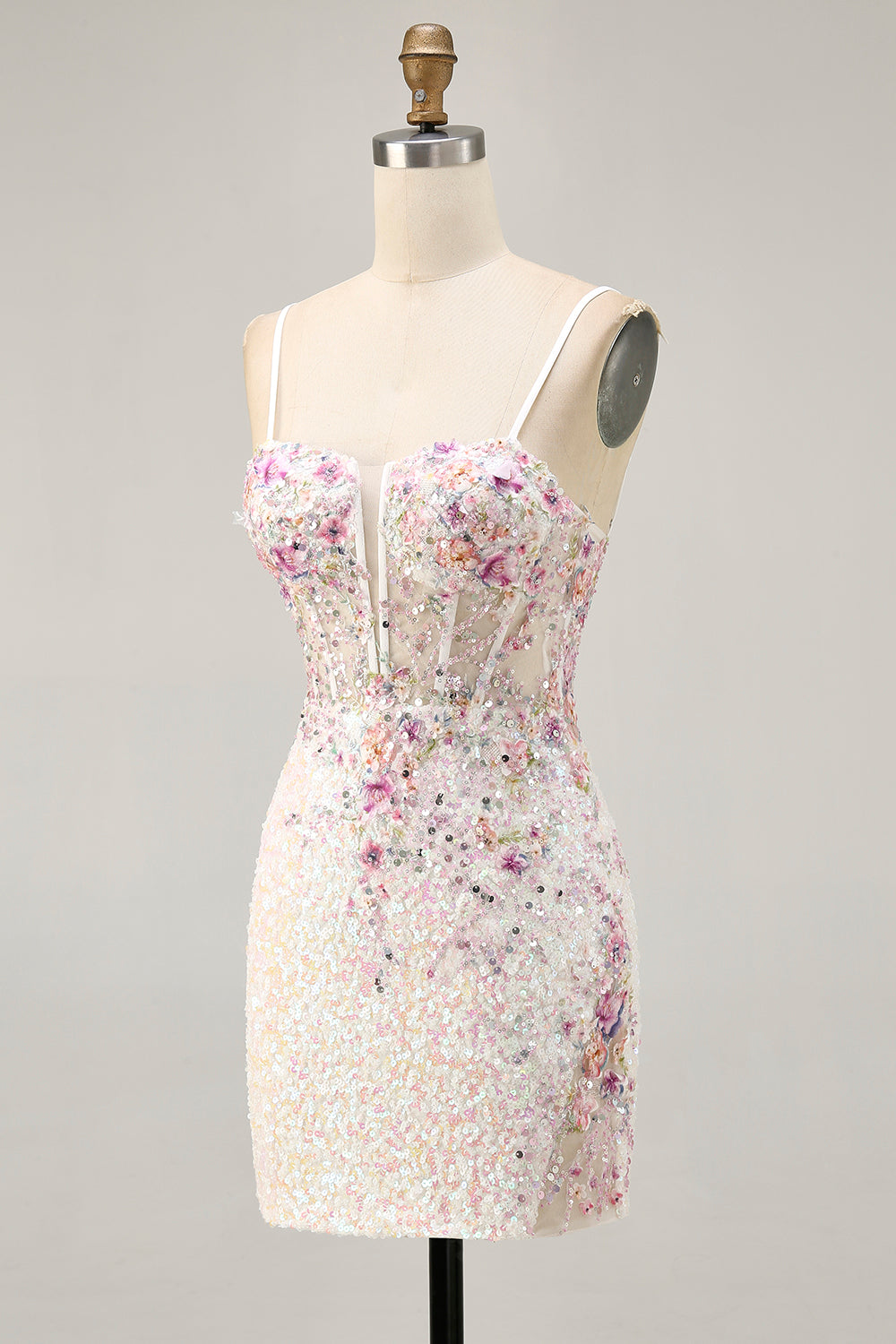 Sparkly White Floral Sequins Tight Short Corset Homecoming Dress