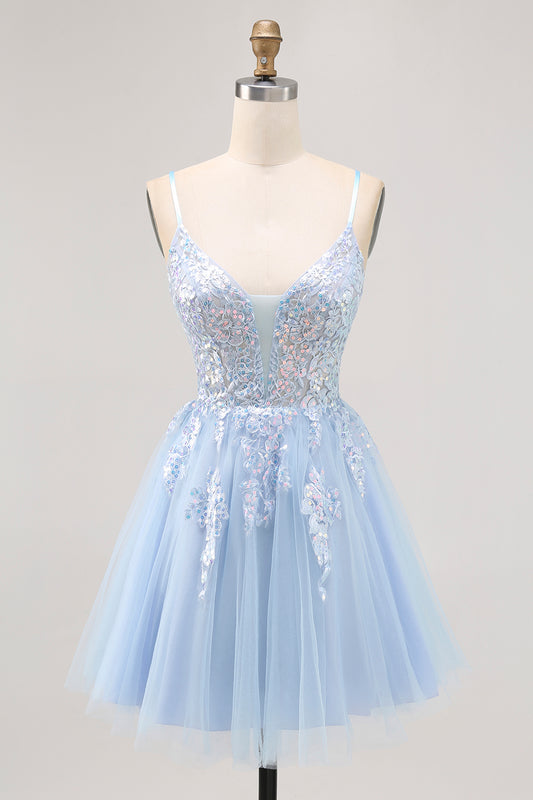 Sparkly Blue Tulle A Line Short Homecoming Dress with Appliques