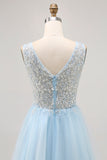 Sparkly Blue Beaded V-Neck Short Tulle Homecoming Dress