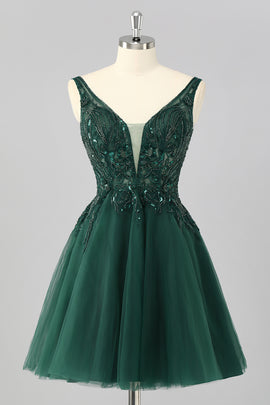 Sparkly Dark Green Short A Line Homecoming Dress with Beading