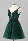 Sparkly Dark Green Short A Line Homecoming Dress with Beading
