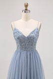 Sparkly Grey Blue Tulle A Line Short Homecoming Dress with Beading