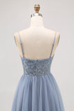 Sparkly Grey Blue Tulle A Line Short Homecoming Dress with Beading