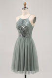 Sparkly Grey Green Tulle Halter Short Homecoming Dress with Beading