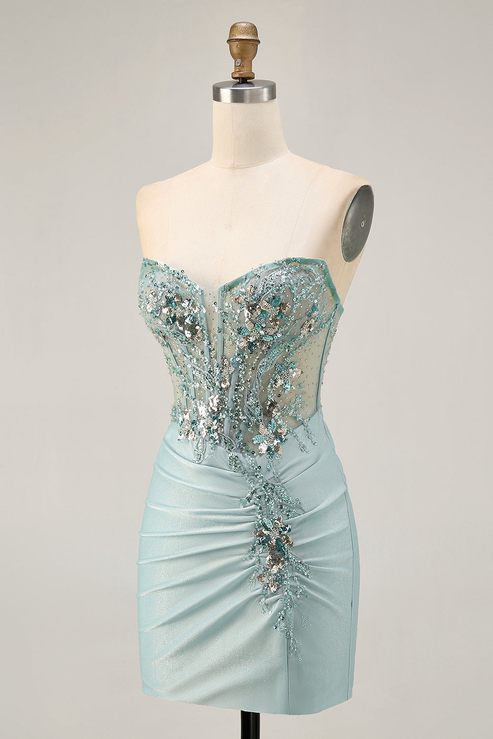 Sparkly Grey Green Corset Tight Short Homecoming Dress with Beading