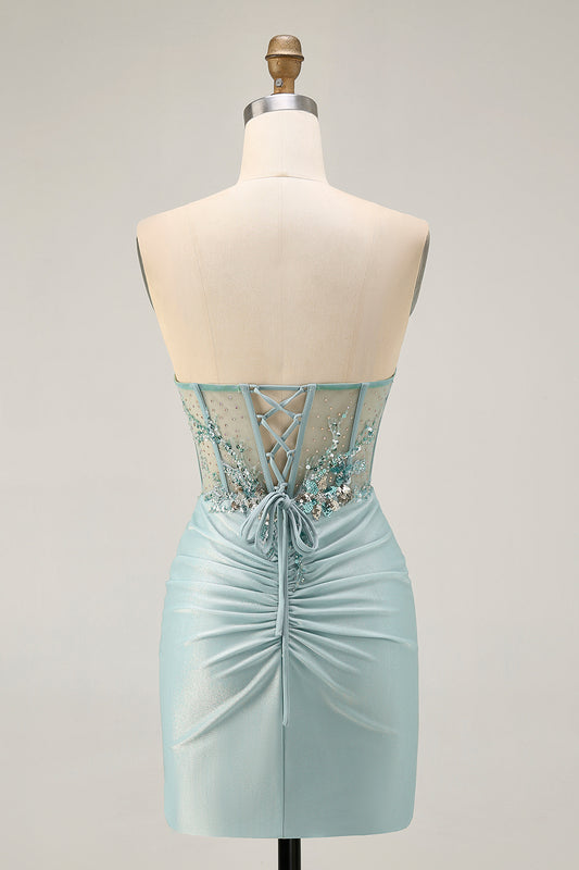 Sparkly Grey Green Corset Tight Short Homecoming Dress with Beading