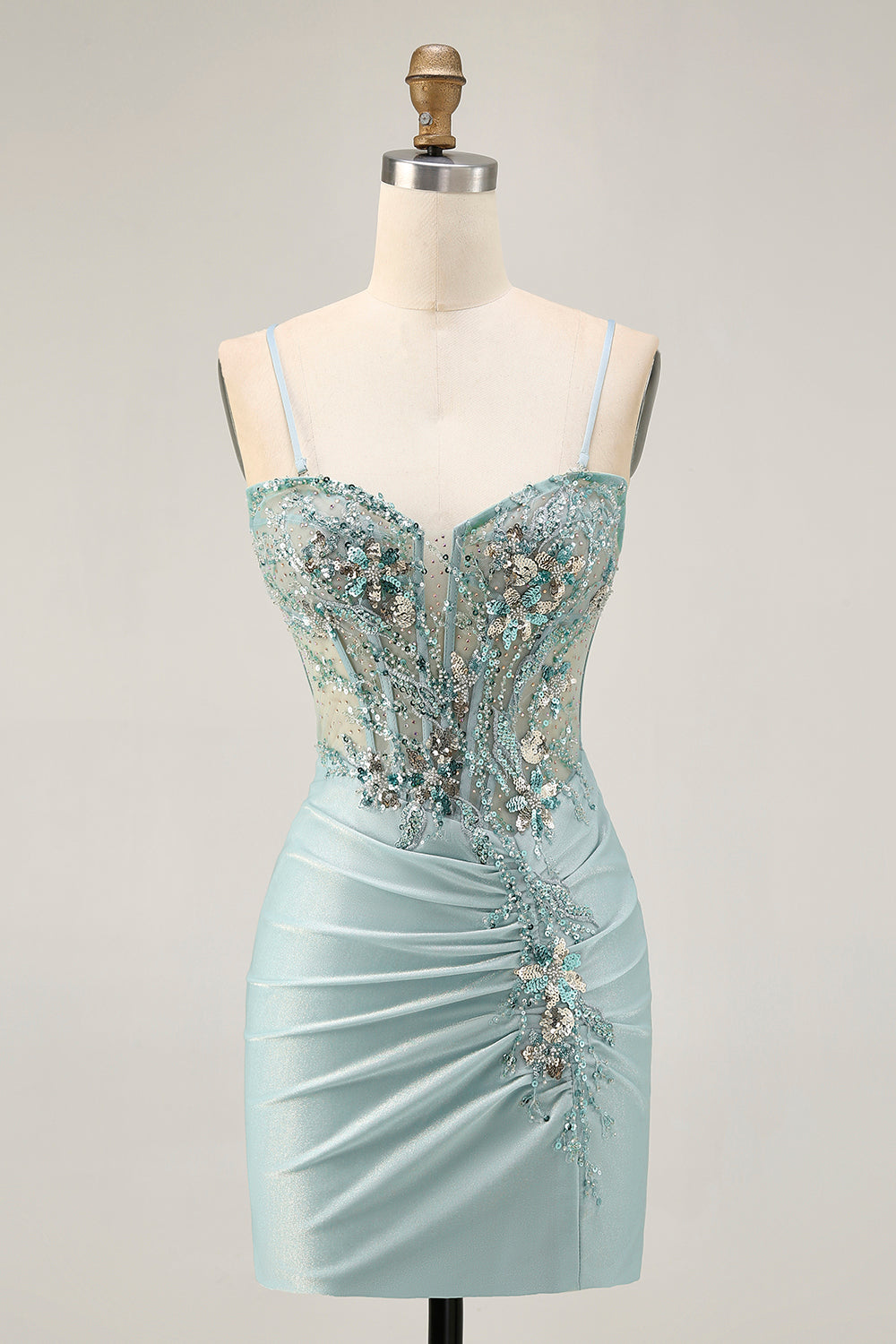 Sparkly Grey Green Corset Tight Short Homecoming Dress with Beading