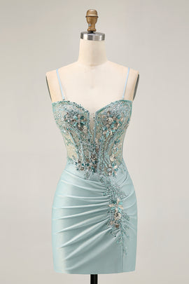 Sparkly Grey Green Corset Tight Short Homecoming Dress with Beading