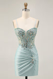 Sparkly Grey Green Corset Tight Short Homecoming Dress with Beading