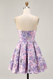 Lilac Floral Strapless A Line Short Homecoming Dress