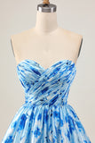 Blue Floral Sweetheart Short Homecoming Dress with Ruffles
