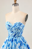 Blue Floral Sweetheart Short Homecoming Dress with Ruffles