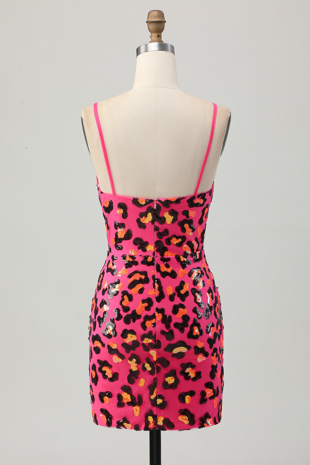 Sparkly Fuchsia Leopard Sequin Spaghetti Straps Short Homecoming Dress