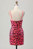Sparkly Fuchsia Leopard Sequin Spaghetti Straps Short Homecoming Dress