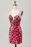 Sparkly Fuchsia Leopard Sequin Tight Short Homecoming Dress