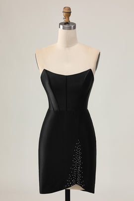 Sparkly Black Corset Tight Strapless Short Homecoming Dress with Beading