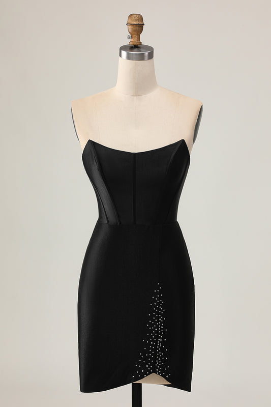 Sparkly Black Corset Tight Strapless Short Homecoming Dress with Beading