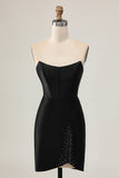 Sparkly Black Corset Tight Strapless Short Homecoming Dress with Beading