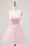 Sparkly Pink A Line Corset Short Homecoming Dress with Lace