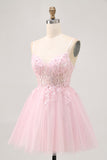 Sparkly Pink A Line Corset Short Homecoming Dress with Lace