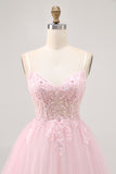 Sparkly Pink A Line Corset Short Homecoming Dress with Lace
