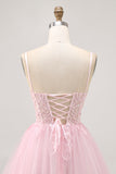Sparkly Pink A Line Corset Short Homecoming Dress with Lace