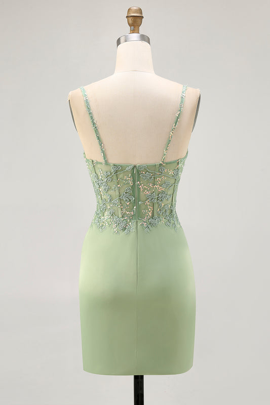 Sparkly Matcha Tight Short Corset Homecoming Dress with Lace