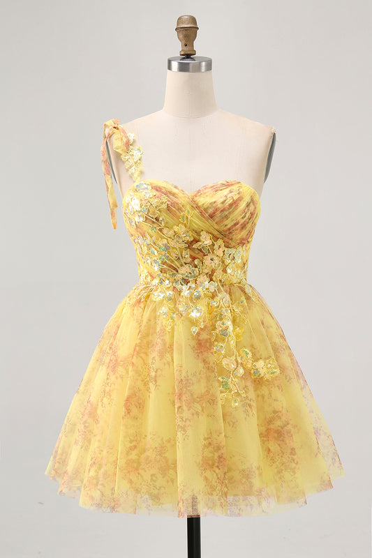 Sparkly Yellow Floral One Shoulder Short Homecoming Dress with Bow