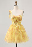 Sparkly Yellow Floral One Shoulder Short Homecoming Dress with Bow