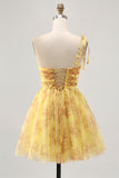 Sparkly Yellow Floral One Shoulder Short Homecoming Dress with Bow