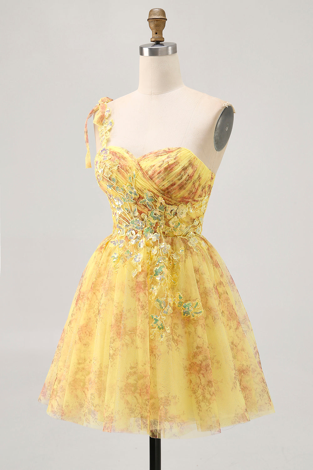 Sparkly Yellow Floral One Shoulder Short Homecoming Dress with Bow