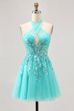 Sparkly Green Halter Short Corset Homecoming Dress with Appliques