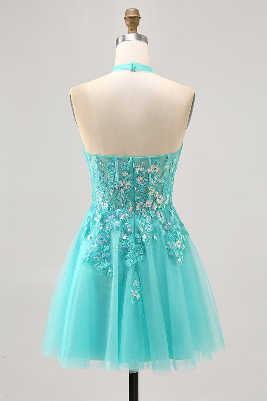 Sparkly Green Halter Short Corset Homecoming Dress with Appliques