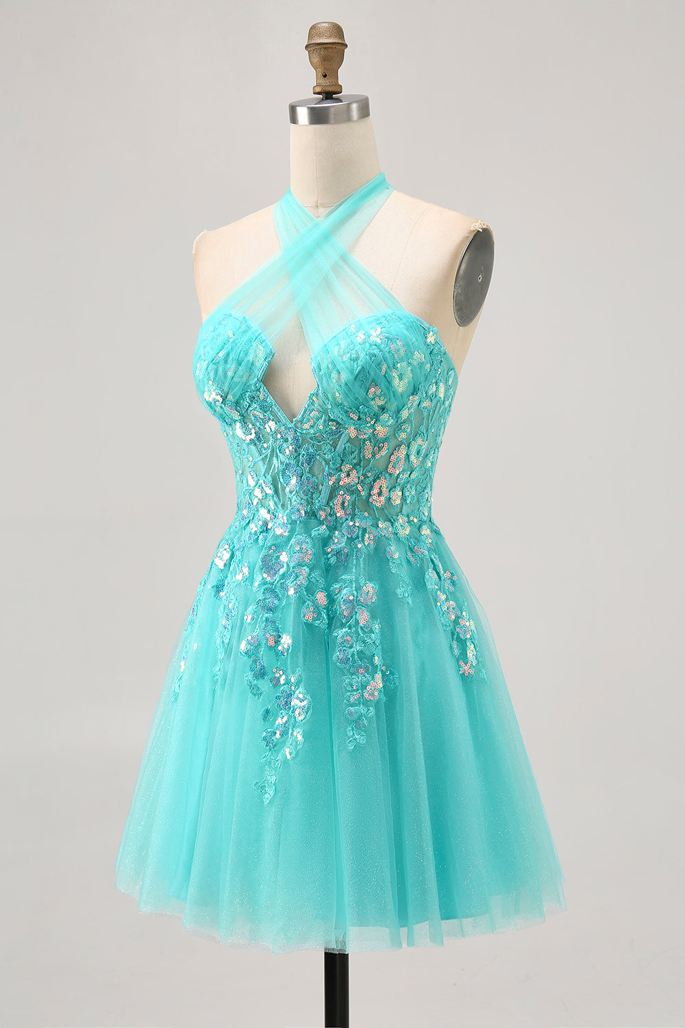Sparkly Green Halter Short Corset Homecoming Dress with Appliques