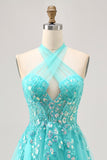 Sparkly Green Halter Short Corset Homecoming Dress with Appliques